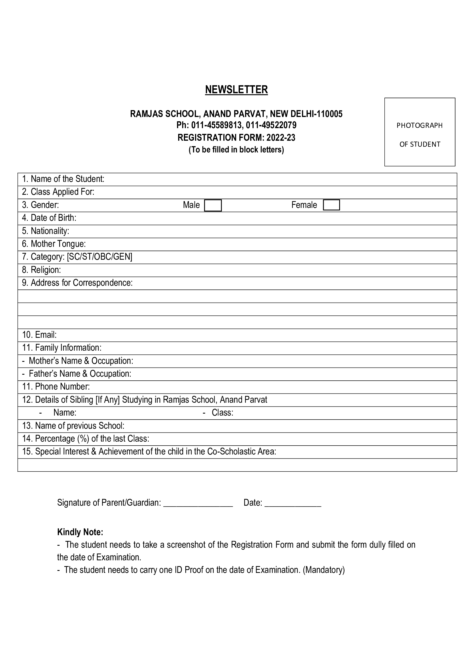 REGISTRATION FORM FOR SCHOLARSHIP TEST (SESSION 2022-23) - Ramjas School